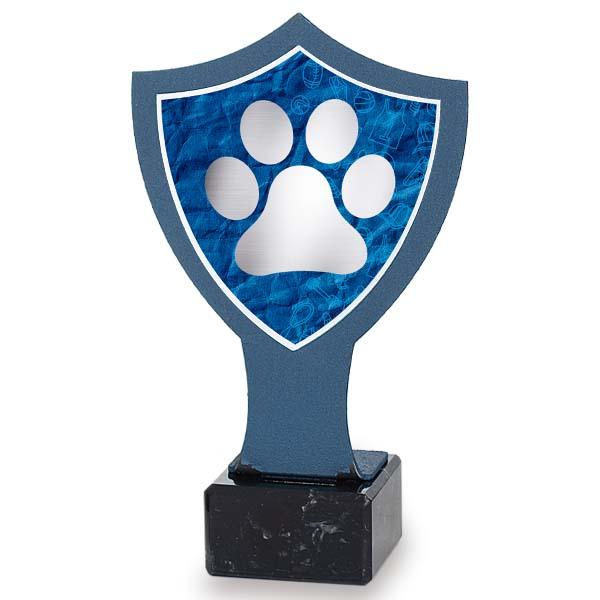 Trofeo de hierro escudo azul huella mascota