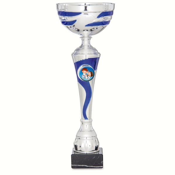 Taça bicolor azul e prata com suporte para disco