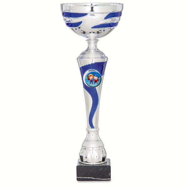 Coppa bicolore blu e argento con portadischi