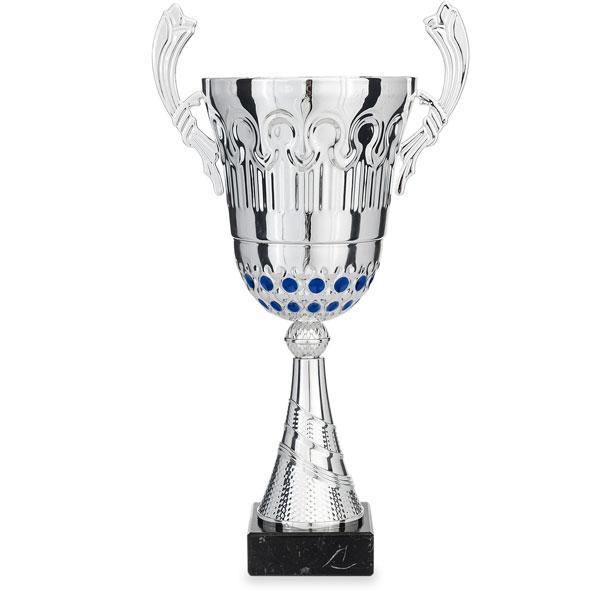 Silver cup with blue dots and handles