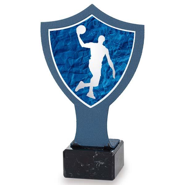 Trophée de basket-ball avec bouclier bleu en fer