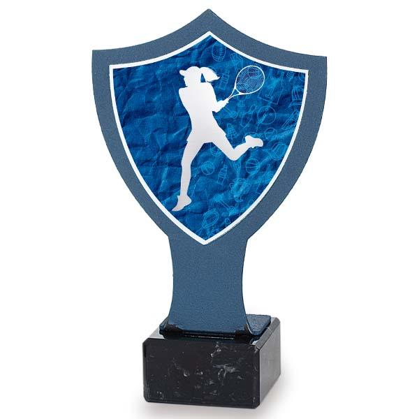 Blue iron female tennis shield trophy