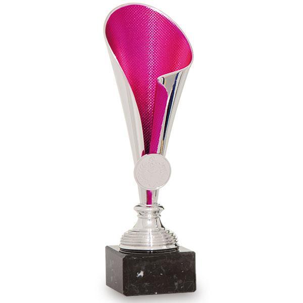 Trofeo portadiscos plata-fucsia en ABS