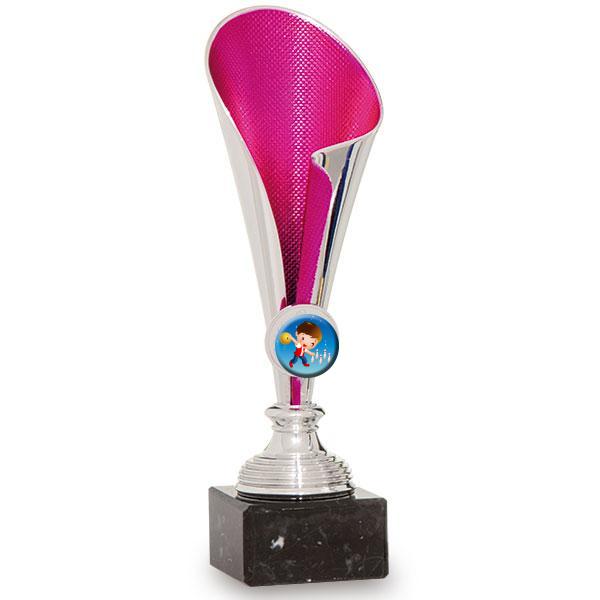 Trofeo portadiscos plata-fucsia en ABS