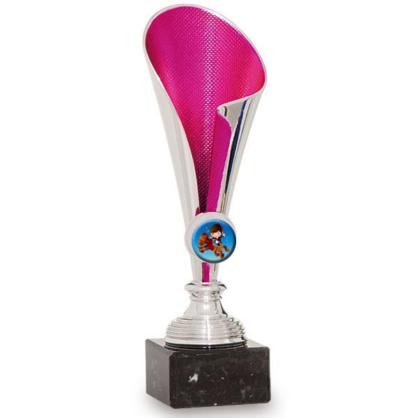 Trofeo portadiscos plata-fucsia en ABS