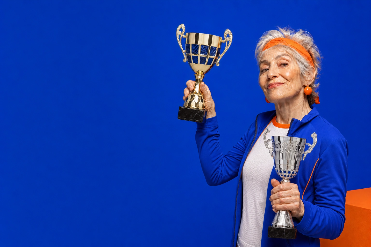 Campeona deportiva celebrando con dos copas de la colección WOW