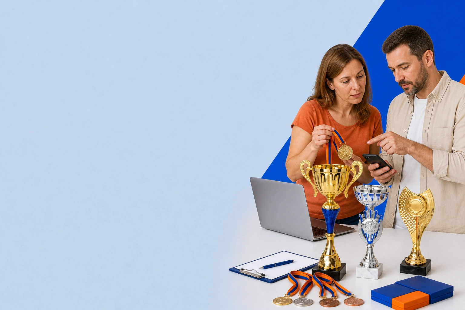 Dos responsables de un club comparando copas y medallas personalizadas de la colección WOW